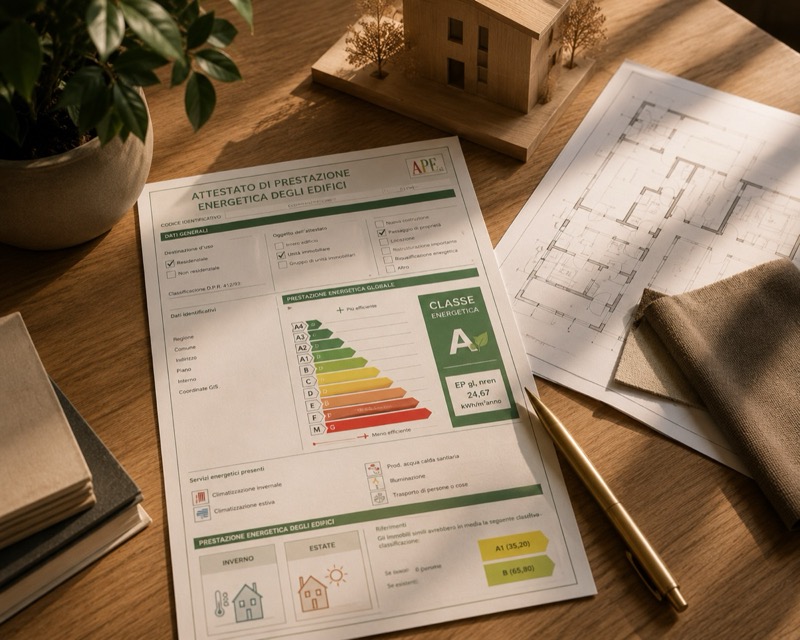 Certificato APE classe A con planimetrie e modello casa in legno su scrivania in rovere