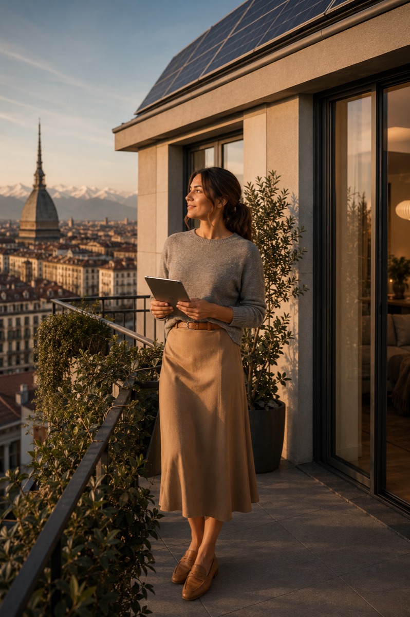 Project manager EDIL4 su balcone di edificio riqualificato a Torino con cappotto termico e vista sulla citta