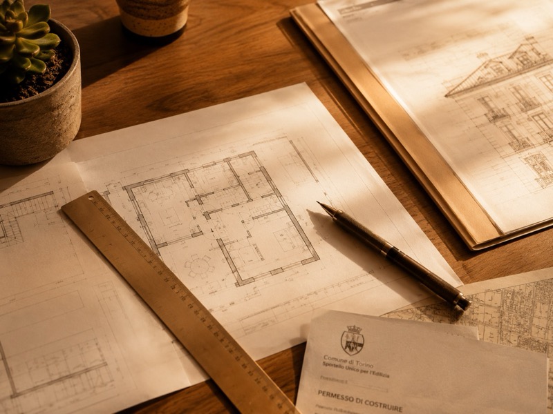 Planimetrie architettoniche e documenti per pratiche edilizie CILA e SCIA su scrivania in rovere con luce naturale