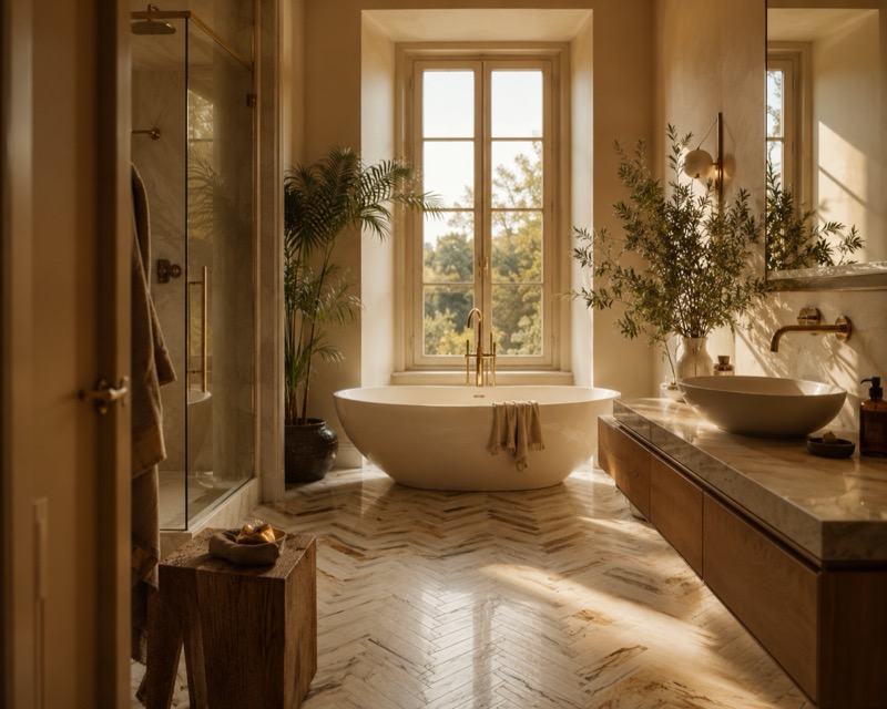 Bagno di lusso ristrutturato con vasca freestanding, rubinetteria in ottone e pavimento in marmo a spina di pesce