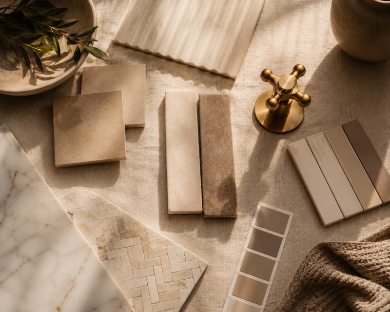Campioni di materiali per ristrutturazione bagno su lino: piastrelle in gres, rubinetto in ottone e marmo