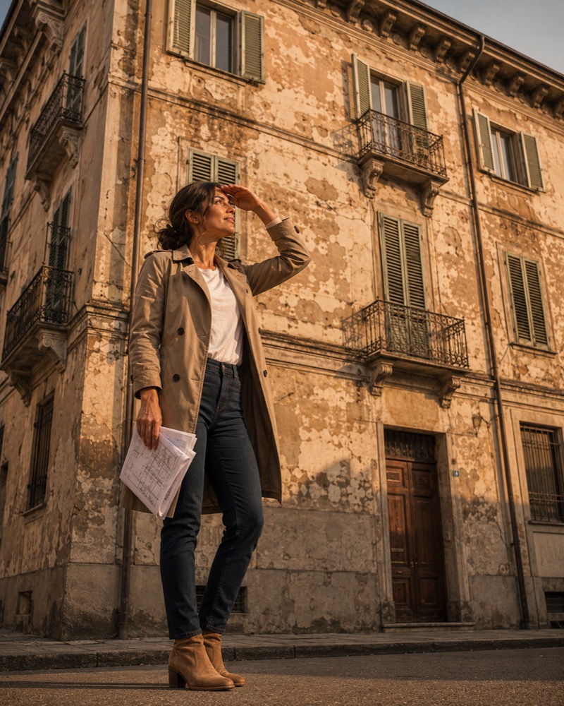 Consulente EDIL4 durante sopralluogo facciata condominiale ammalorata a Torino