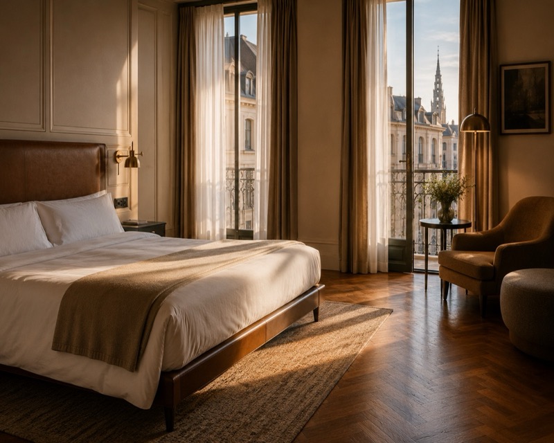 Camera di boutique hotel ristrutturato a Torino con letto king size, testiera in pelle cognac e vista sui tetti