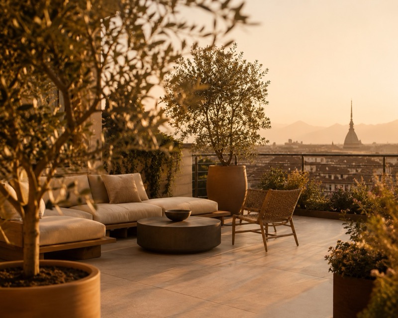 Terrazzo impermeabilizzato con pavimentazione in gres porcellanato e vista sui tetti di Torino al tramonto