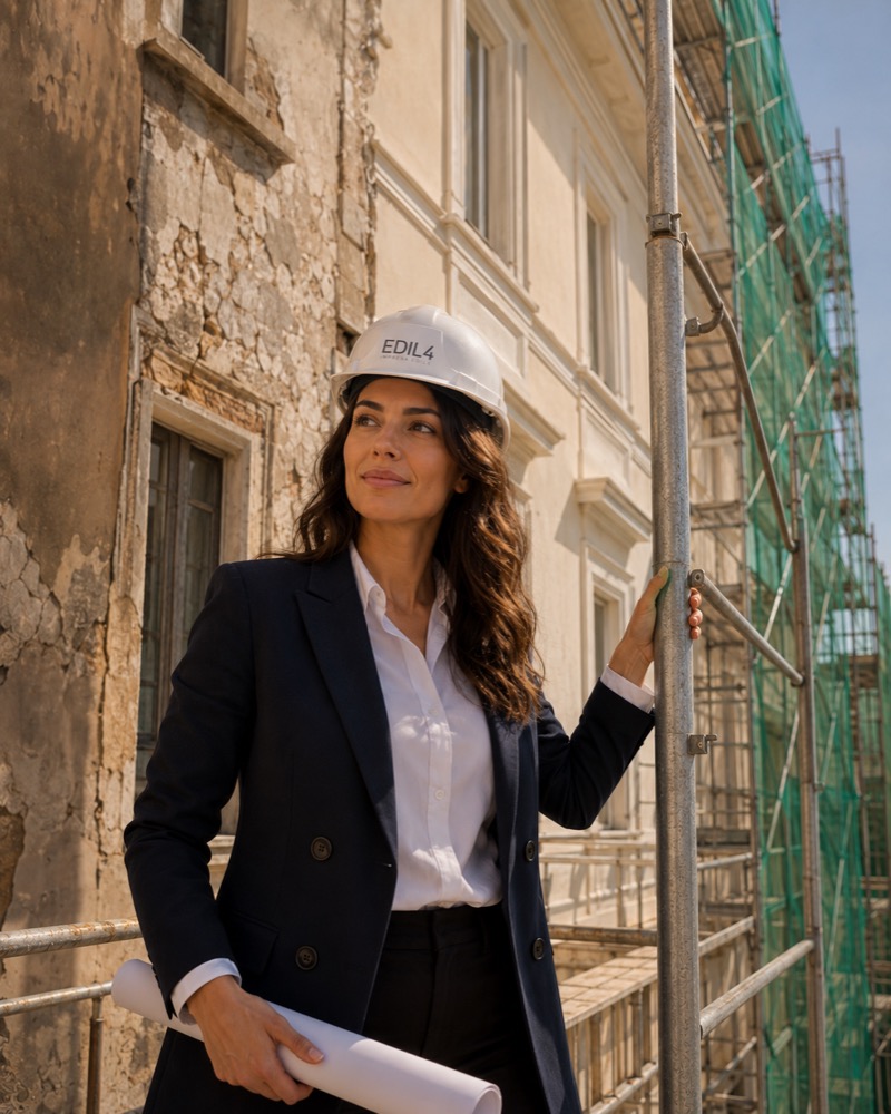 Project manager EDIL4 davanti a facciata condominiale in fase di rifacimento a Torino con ponteggio e intonaco nuovo