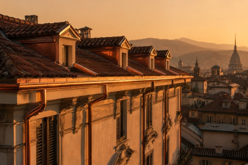 Tetto in coppi piemontesi restaurato con grondaie in rame e vista sulle colline di Torino