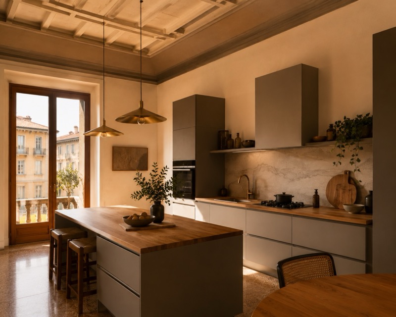 Cucina moderna in appartamento anni 70 ristrutturato a Torino con mobili senza maniglia e piano in legno massello