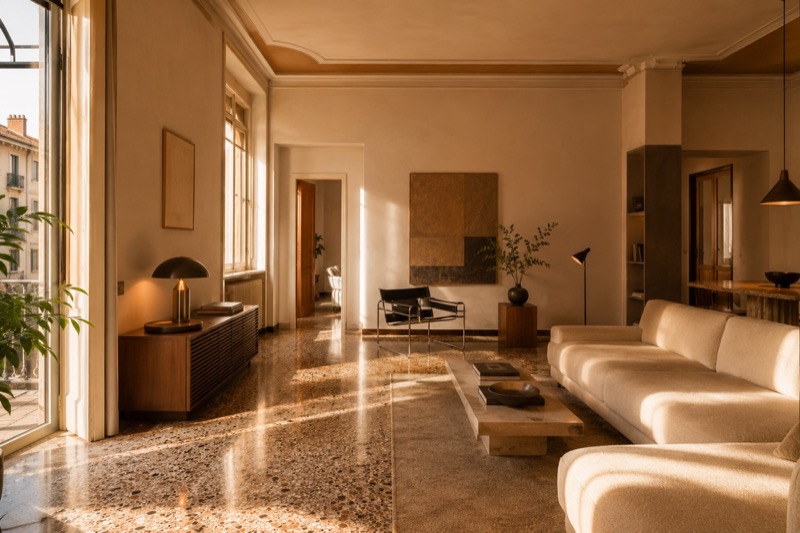Soggiorno ristrutturato in appartamento anni 60 a Torino con pavimento in terrazzo originale restaurato e arredi contemporanei