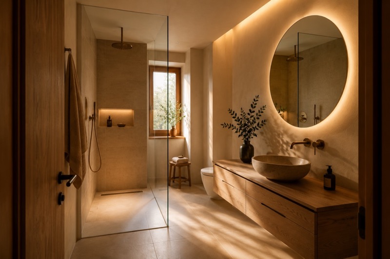 Bagno completamente ristrutturato con doccia walk-in, mobile sospeso e specchio retroilluminato in un appartamento a Torino