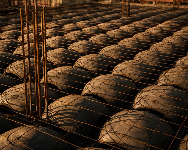Moduli igloo per vespaio aerato disposti in pattern geometrico prima del getto di calcestruzzo